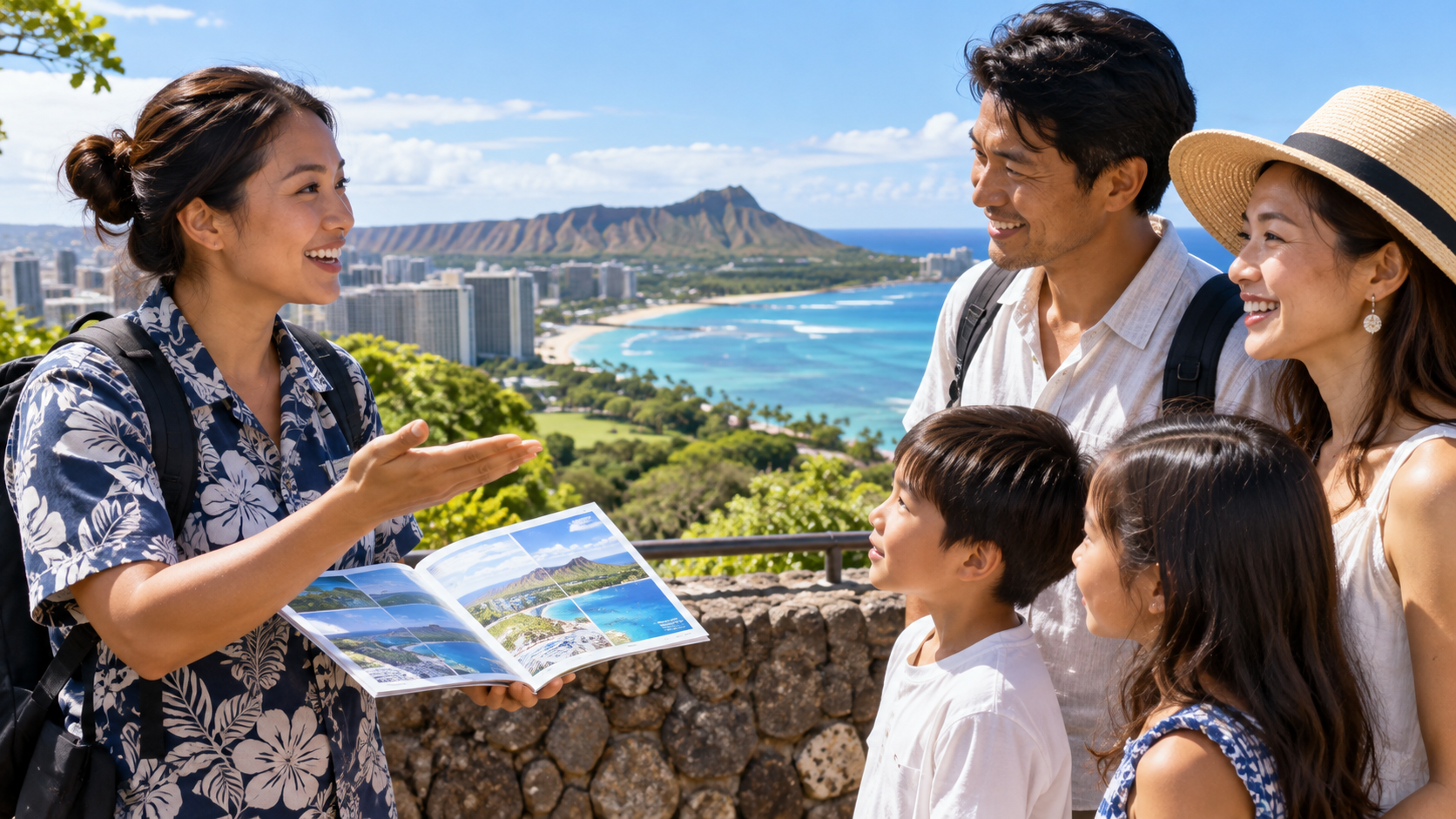 日本語ガイドと予約先を選ぶの内容を示す実写風旅行写真