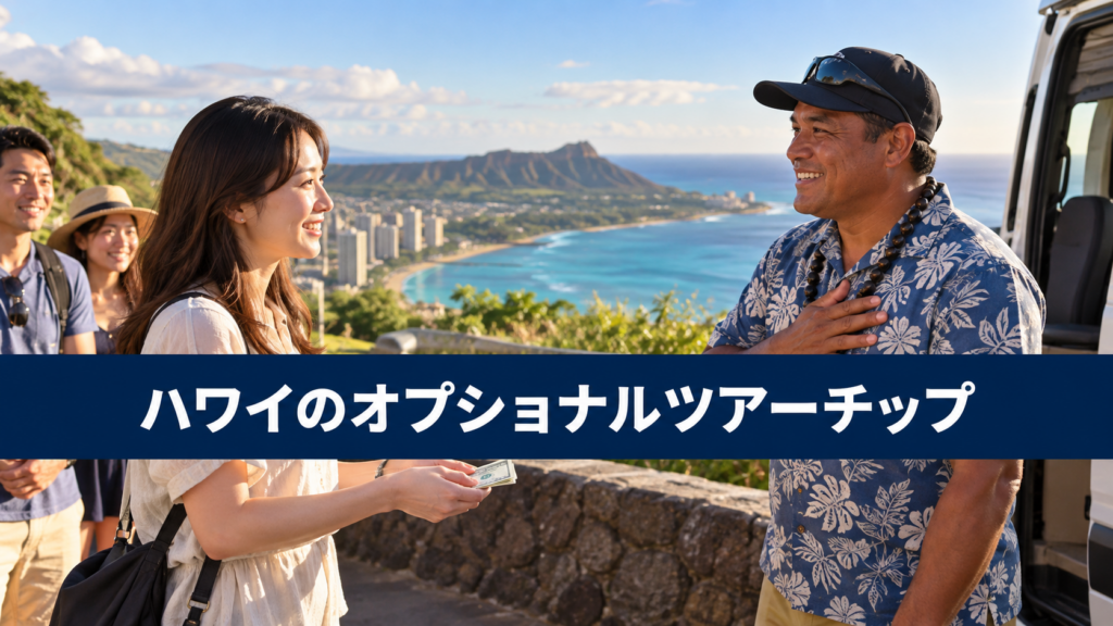ハワイのオプショナルツアーチップ!相場・込みの確認・渡し方を解説の内容を示す実写風旅行写真