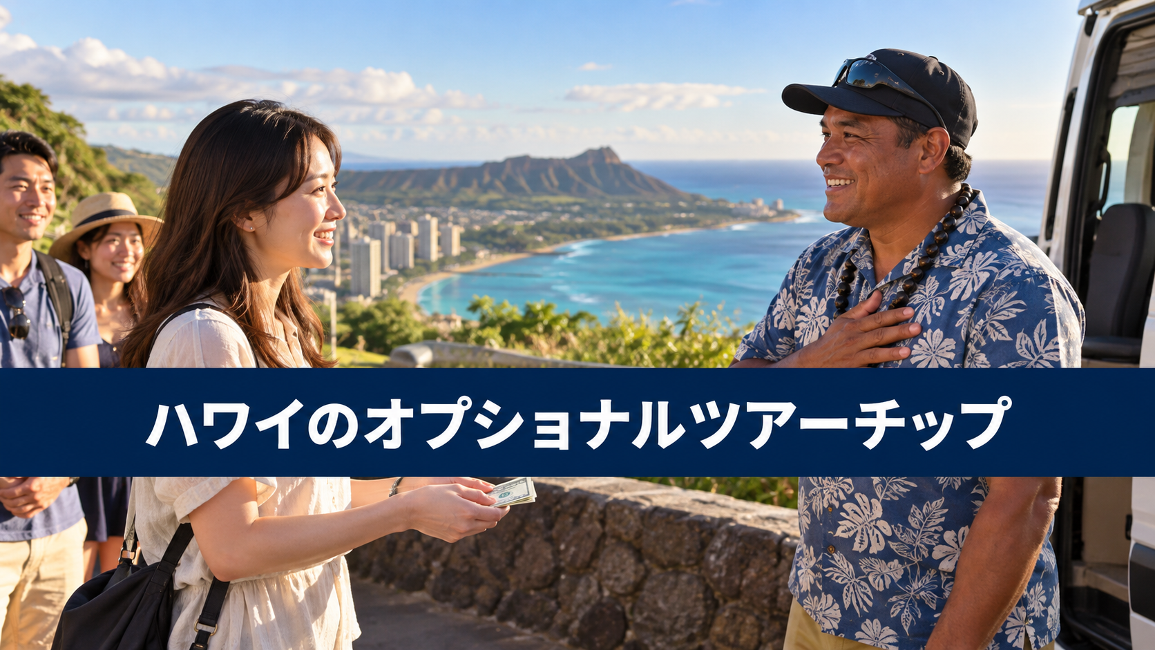 ハワイのオプショナルツアーチップ!相場・込みの確認・渡し方を解説の内容を示す実写風旅行写真