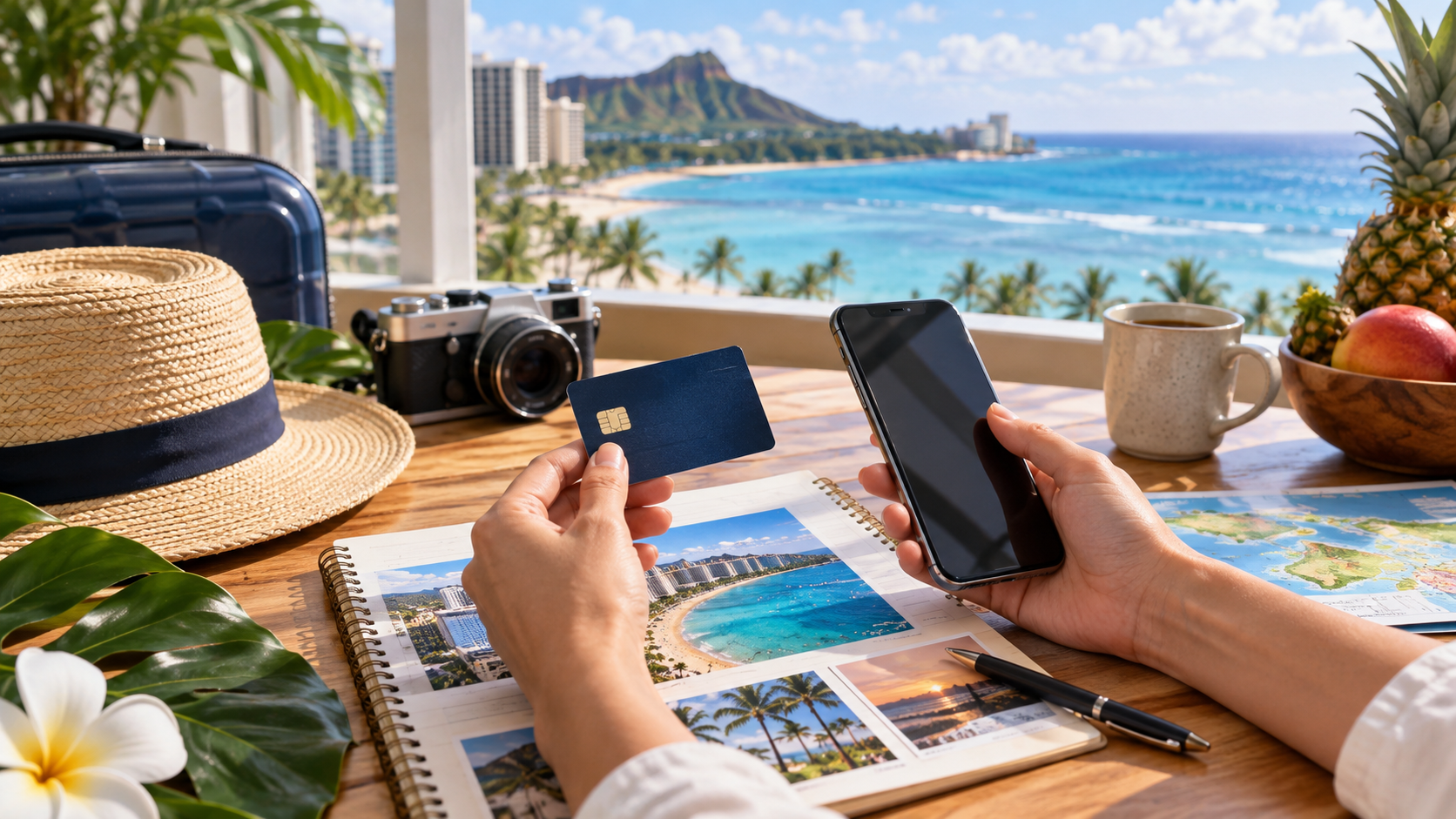 支払い通貨とクレジットカード条件を確認するの内容を示す実写風旅行写真