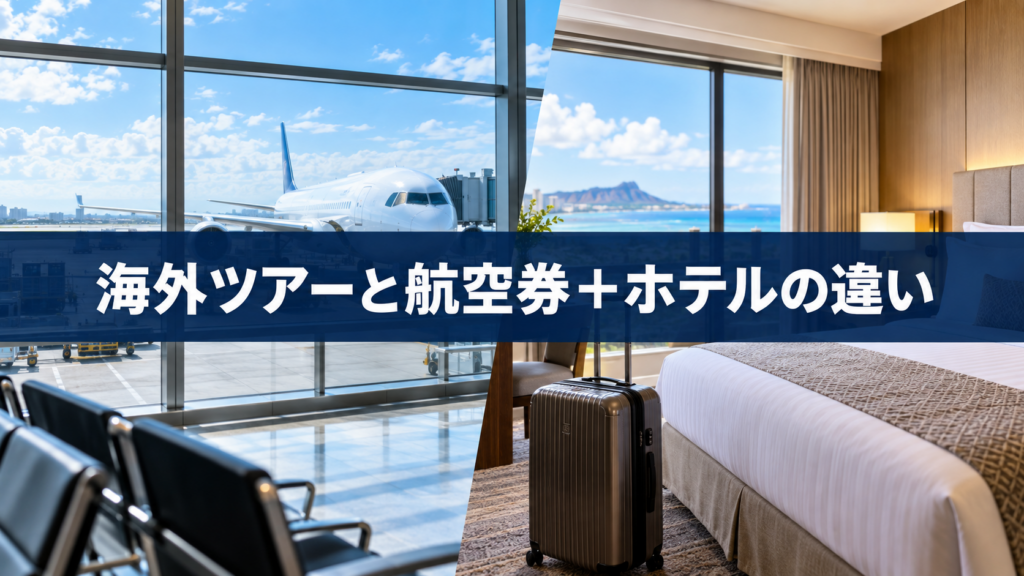 海外ツアーと航空券＋ホテルの違いを比較！契約と自由度の選び方の結論を示す手書き図解