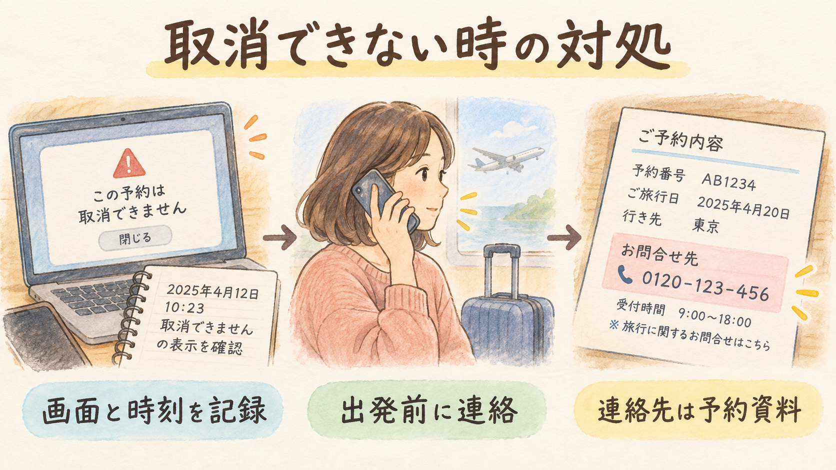 オンラインでキャンセルできない時の対処法の結論を示す手書き図解