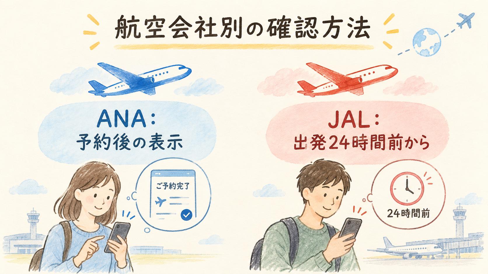 ANA・JAL利用時の座席指定方法を確認するの結論を示す手書き図解