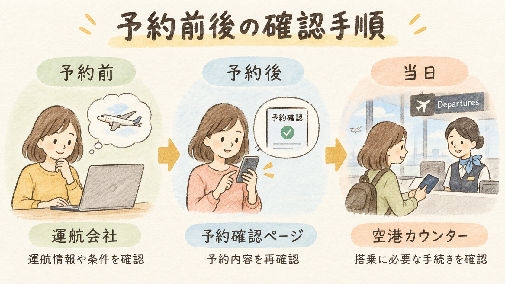 予約前と予約後に座席指定の可否を確認するの結論を示す手書き図解
