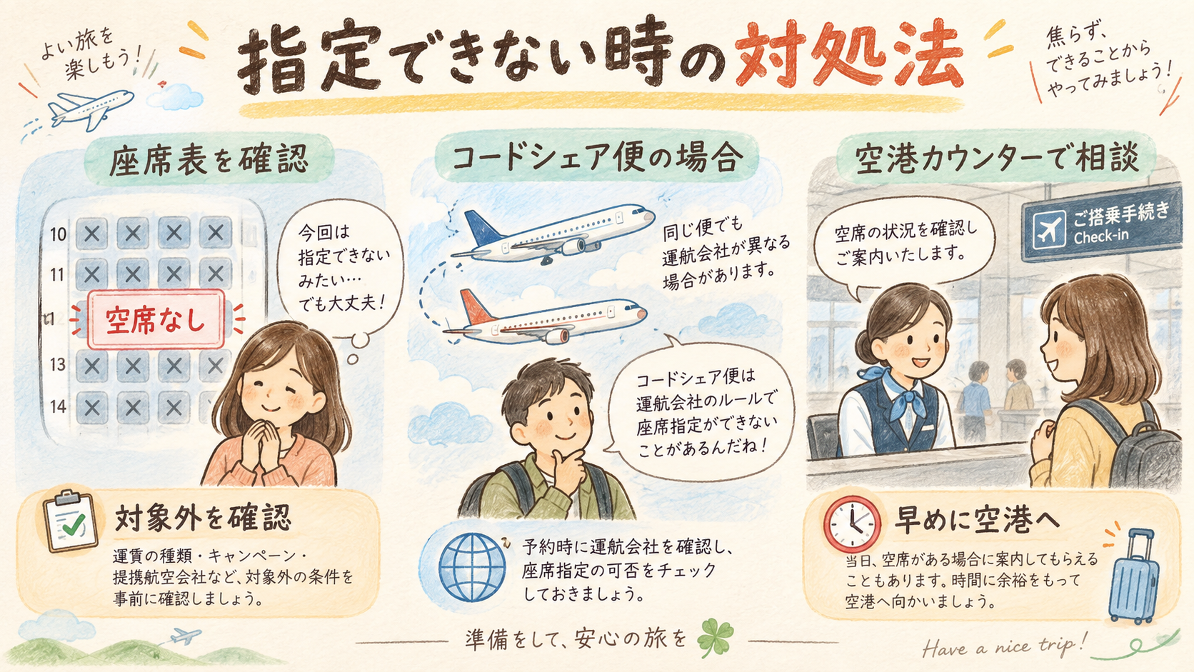 座席指定できない時の原因と対処法を整理するの結論を示す手書き図解