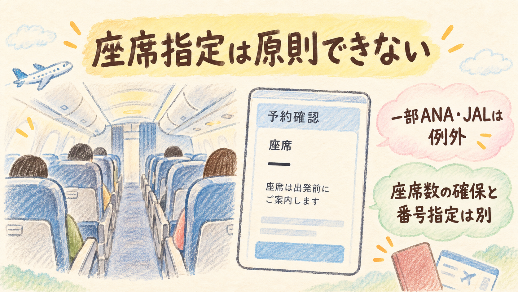楽天トラベル海外ツアーの座席指定は原則できないの結論を示す手書き図解