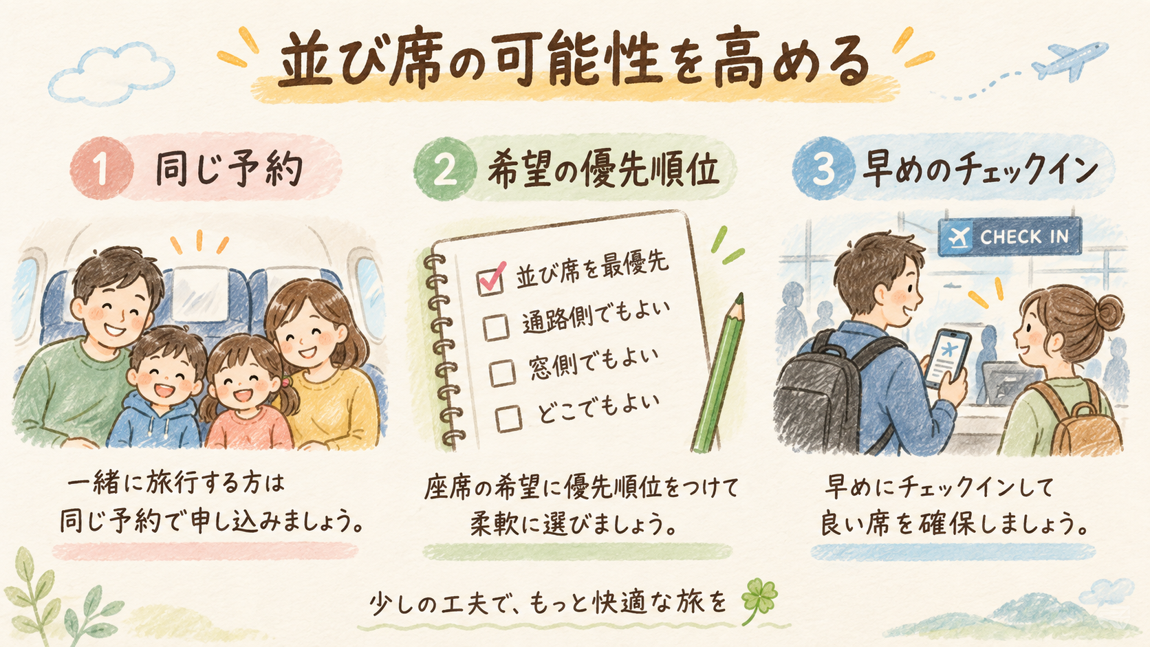 家族・グループで並び席の可能性を高めるの結論を示す手書き図解